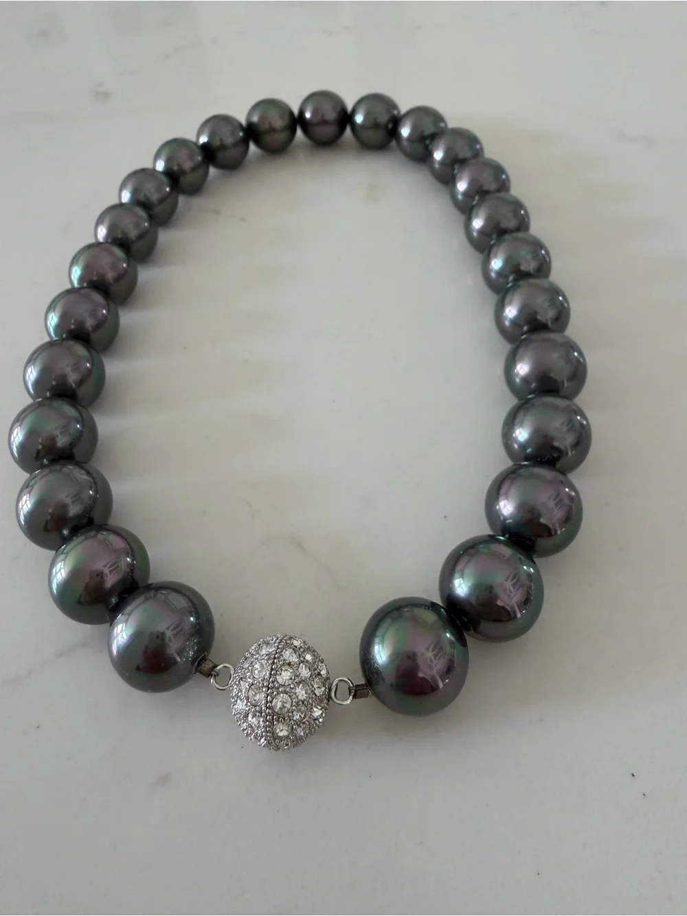 Lustrous Dark Charcoal Pearlescent Bead Necklace with Pavé Crystal Clasp